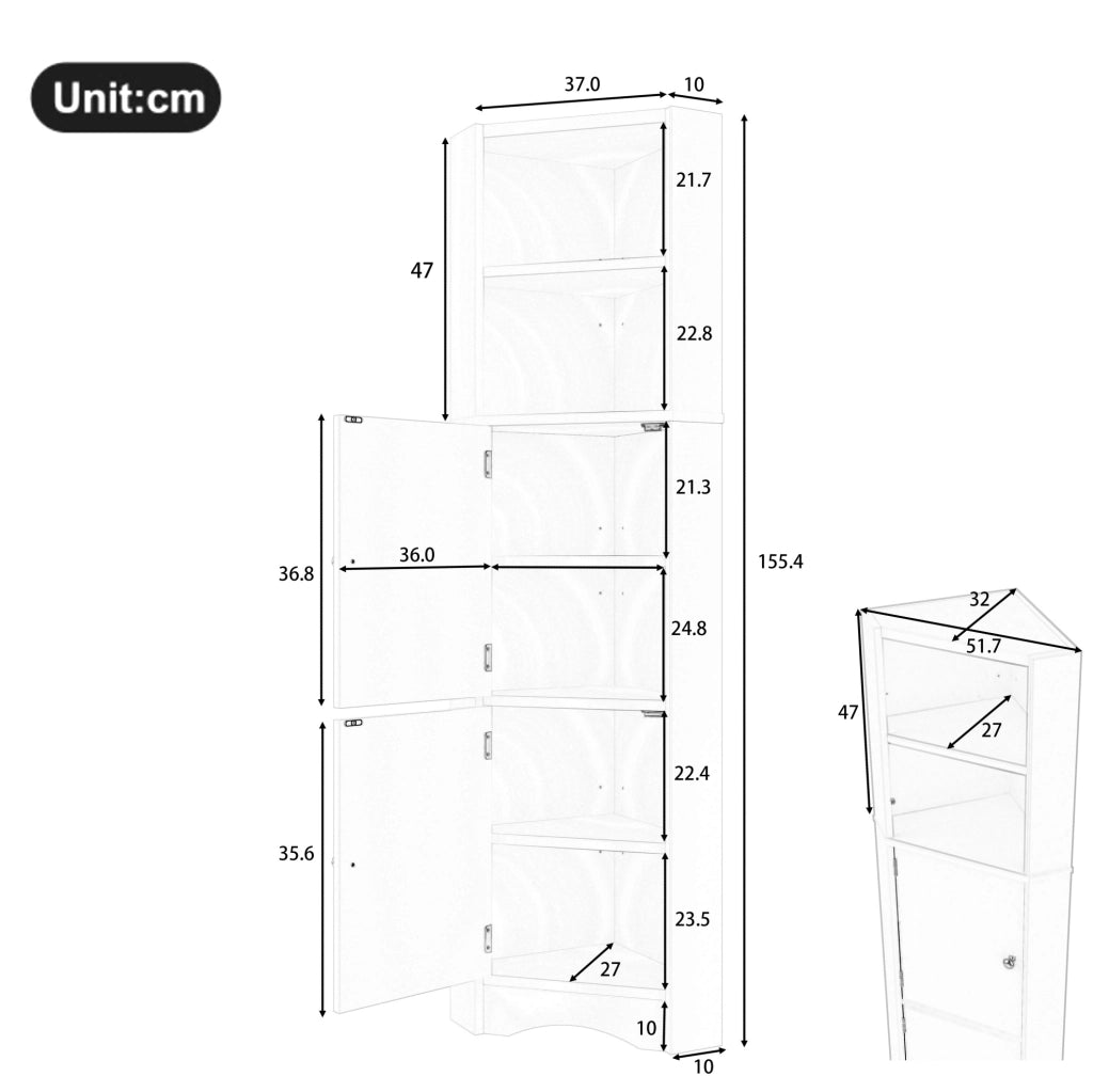 Armadio angolare da bagno triangolare in MDF bianco, 155,4 cm, 2 ante