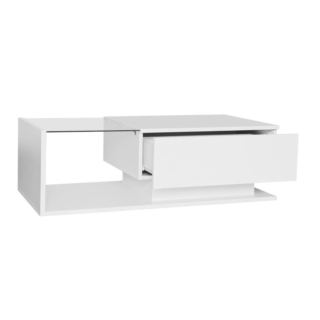 TAVOLINO da caffè 100x50x32 cm bianco lucido con cassetto e LED
