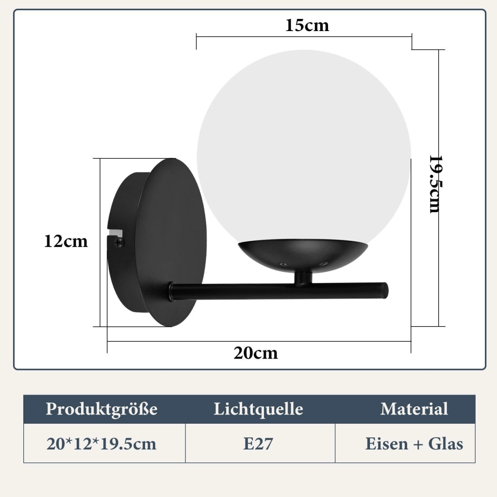 ZMH Lampada da parete nera interna E27 Lampada da letto in vetro con design moderno in metallo Lampada da vintage