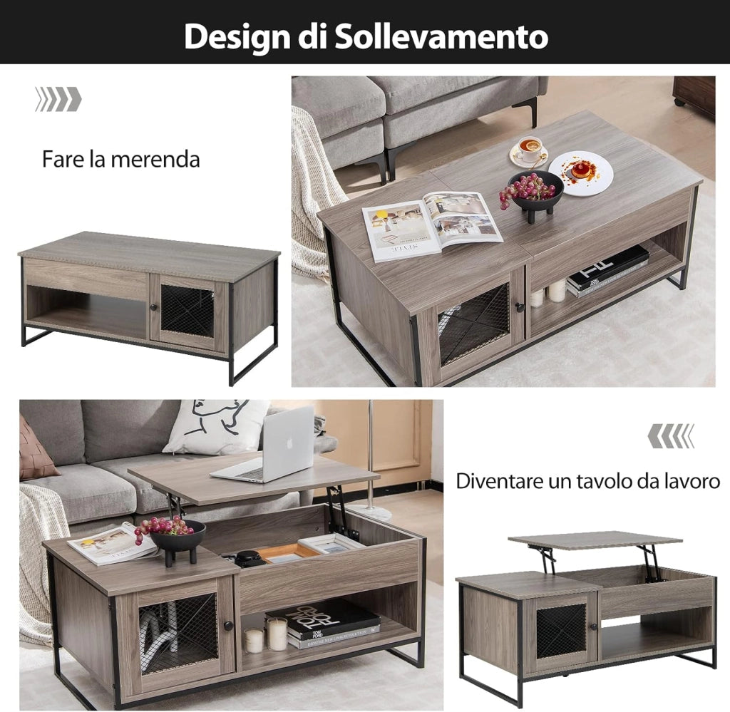 Tavolino da Salotto in Legno, Tavolino Basso Sollevabile con Scompartimento Nascosto, Tavolino da Divano Moderno per Soggiorno e Ufficio, 104 x 55 x 58 cm, Grigio