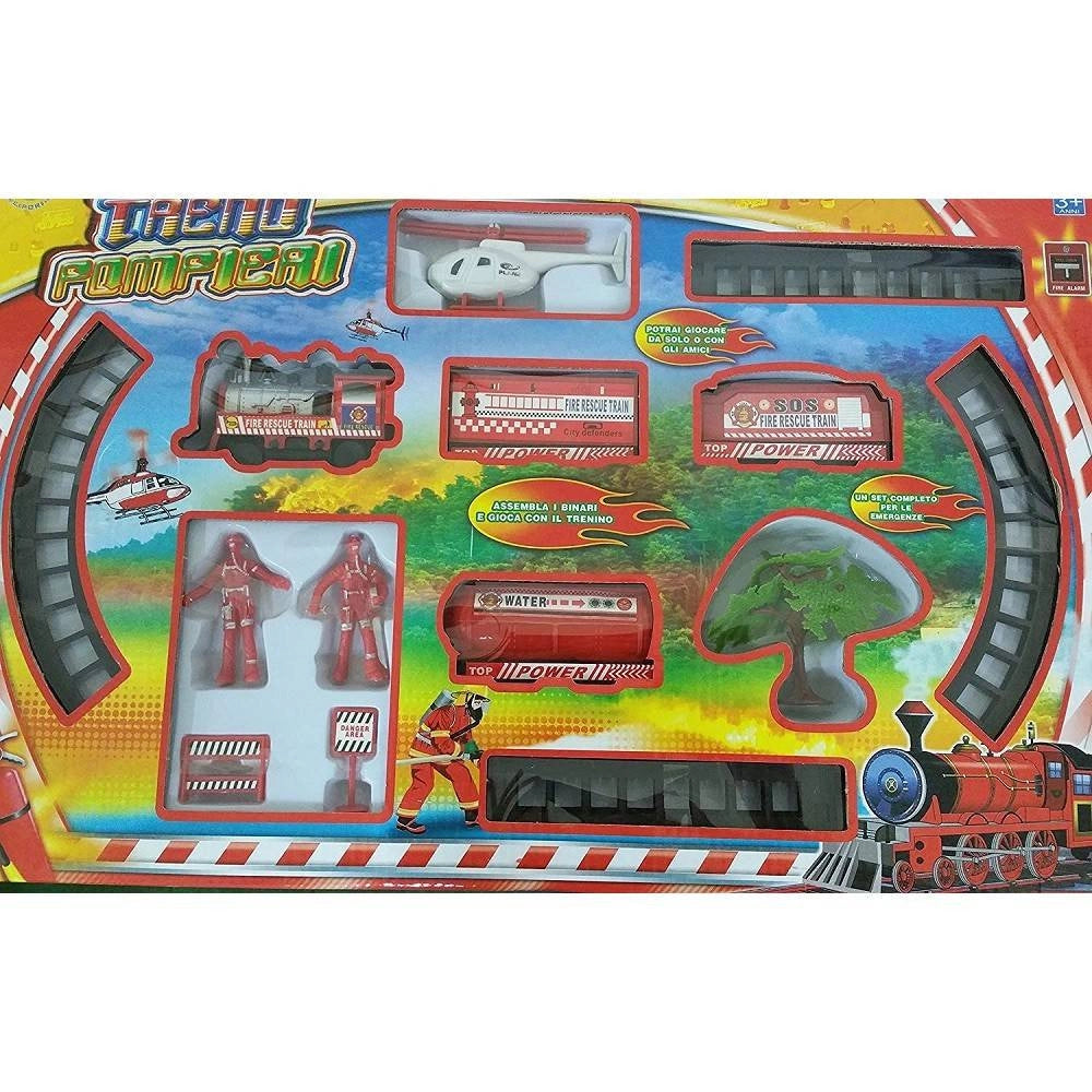Trade Shop - Set Treno Pompieri Vigili Del Fuoco Elicottero Pista Trenino Per Bambini Giocattolo -