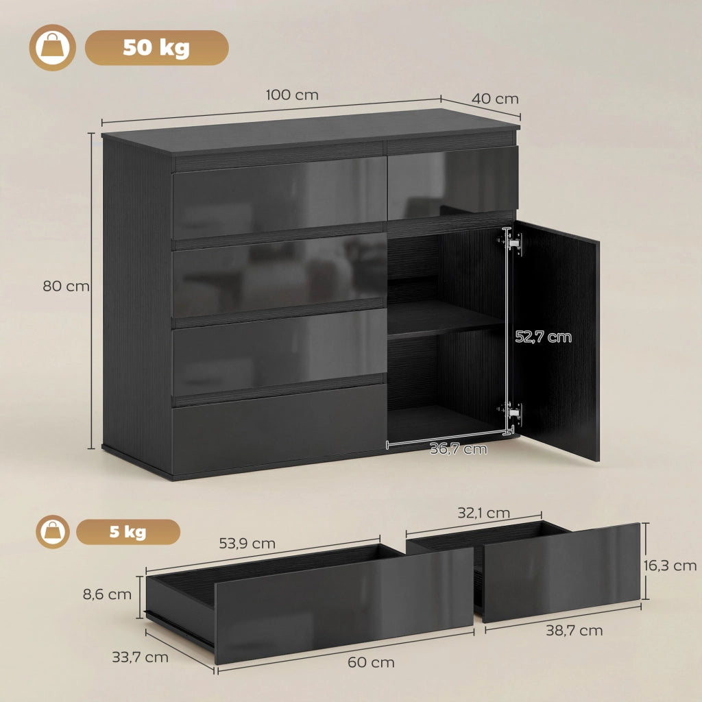Cassettiera Moderna con 5 Cassetti, Ripiano Regolabile, Ante Soft-Close ¨C zephmum ¨C Nero Lucido