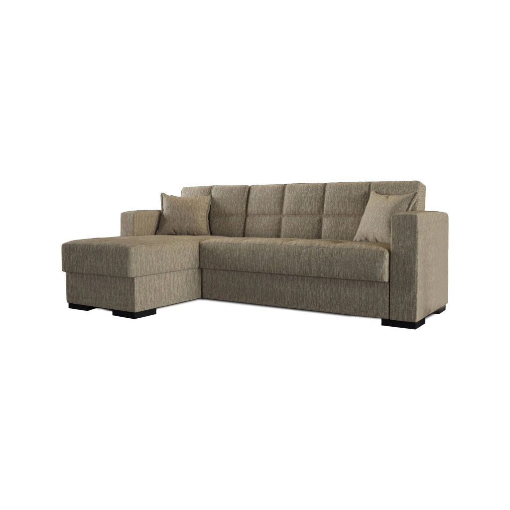 Divano letto Armadillo, Divano letto ad angolo con penisola reversibile, Sofà\  contenitore da soggiorno con chaislongue e 2 cuscini, Cm 230x150h81, Beige
