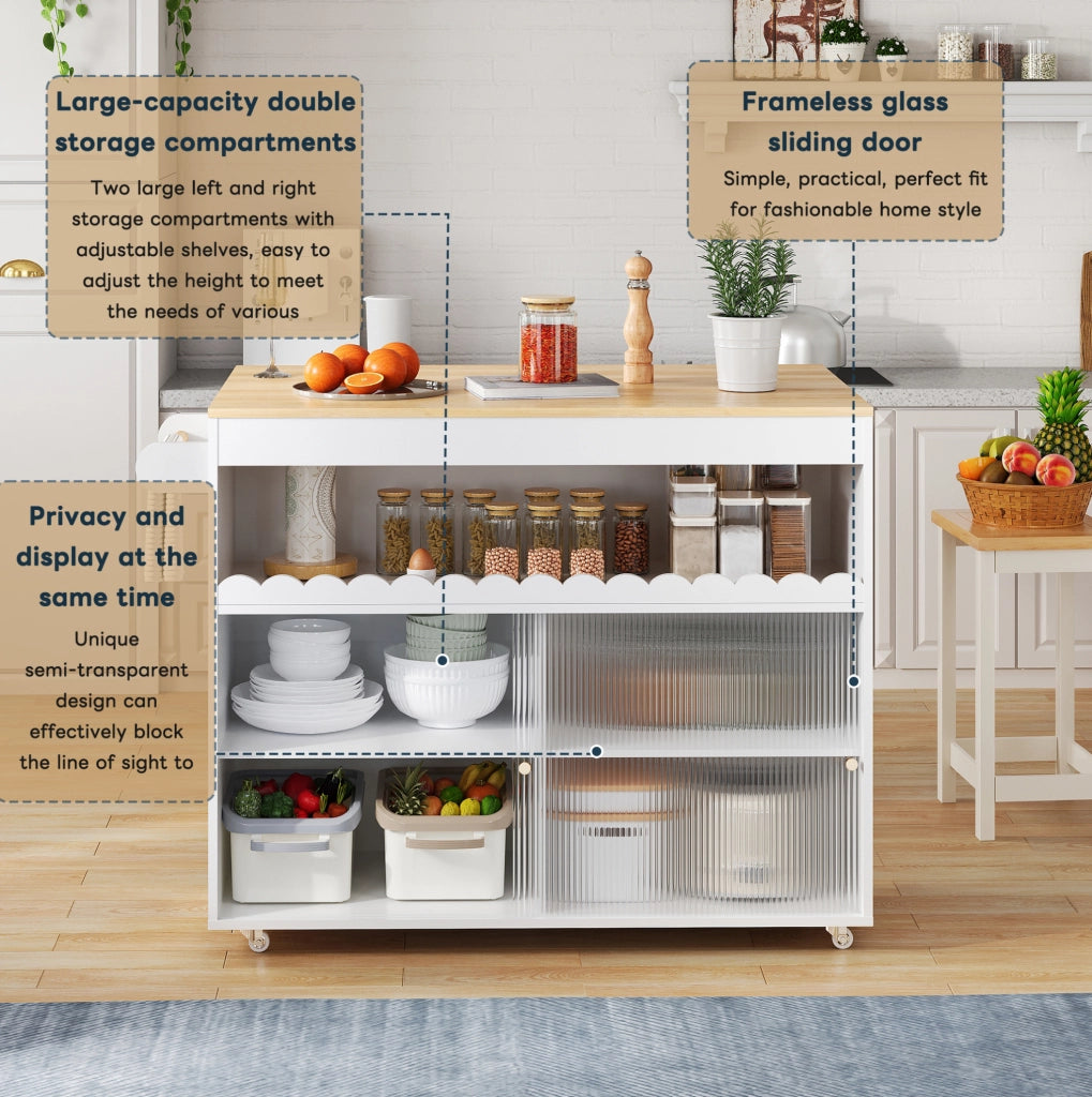 Carrello isola cucina pieghevole 122x46(69)x91 cm in MDF bianco e naturale