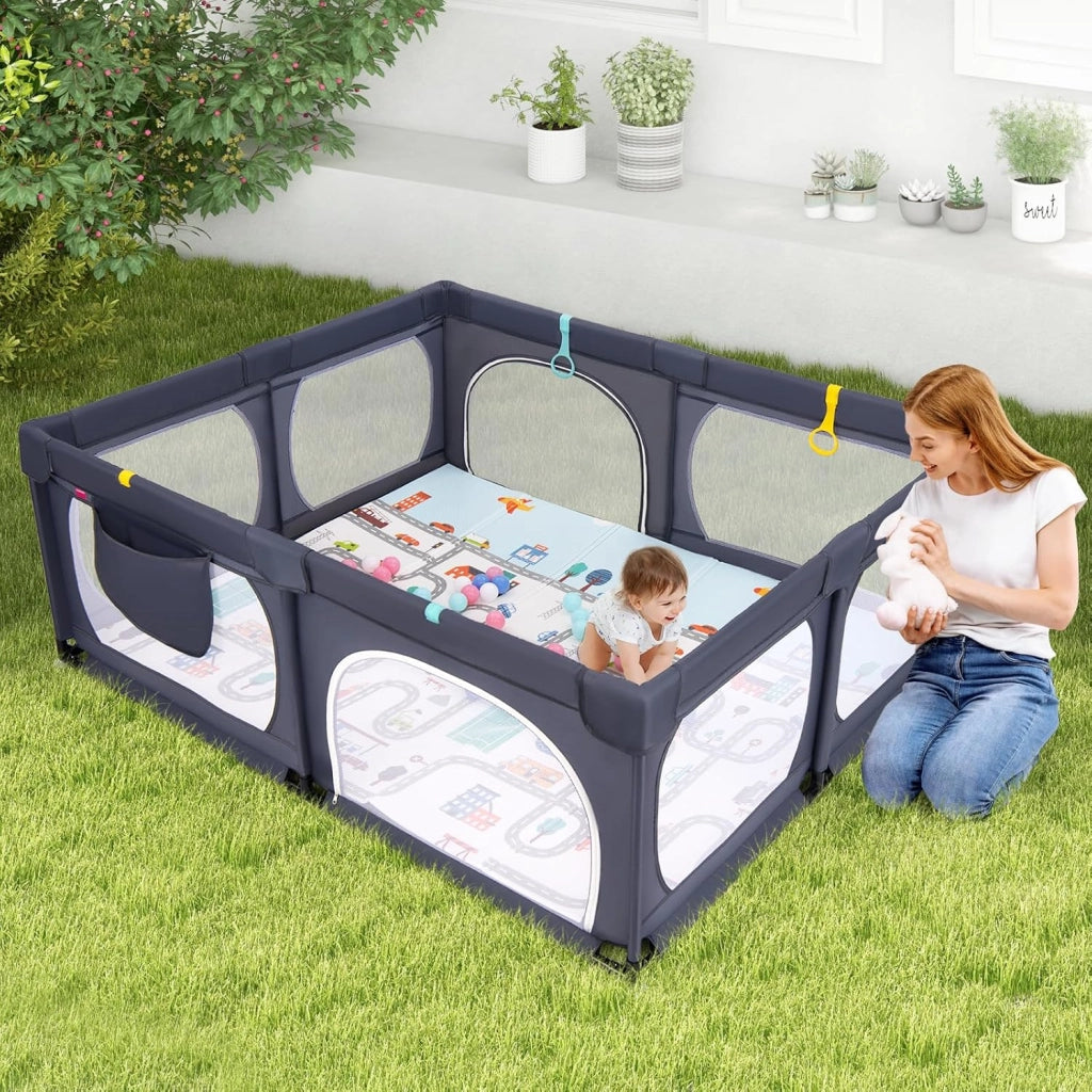 Box per Bambini con Materassino, Recinto per Bambini con 4 Anelli e 50 Palline Colorate, Rete Traspirante, Tasca e Borsa, Box Giochi per Bambino 0-3 Anni (Grigio Scuro, 189 x 158 cm)
