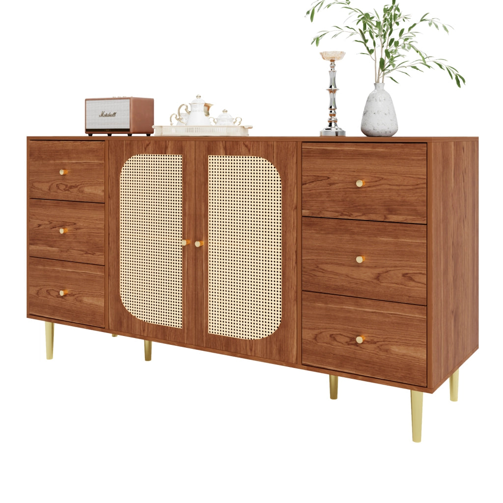 Credenza con 6 Cassetti e 2 Ante in Rattan; Stile Moderno; in MDF; Color Legno; 160??40??90 cm