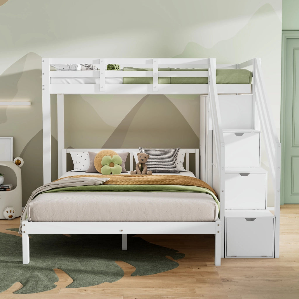 OKWISH Letto a Castello 90×200 cm e 140×200 cm, Letto 3 Posti con Armadio, Scala Contenitore e Mensole, senza Materasso, Bianco
