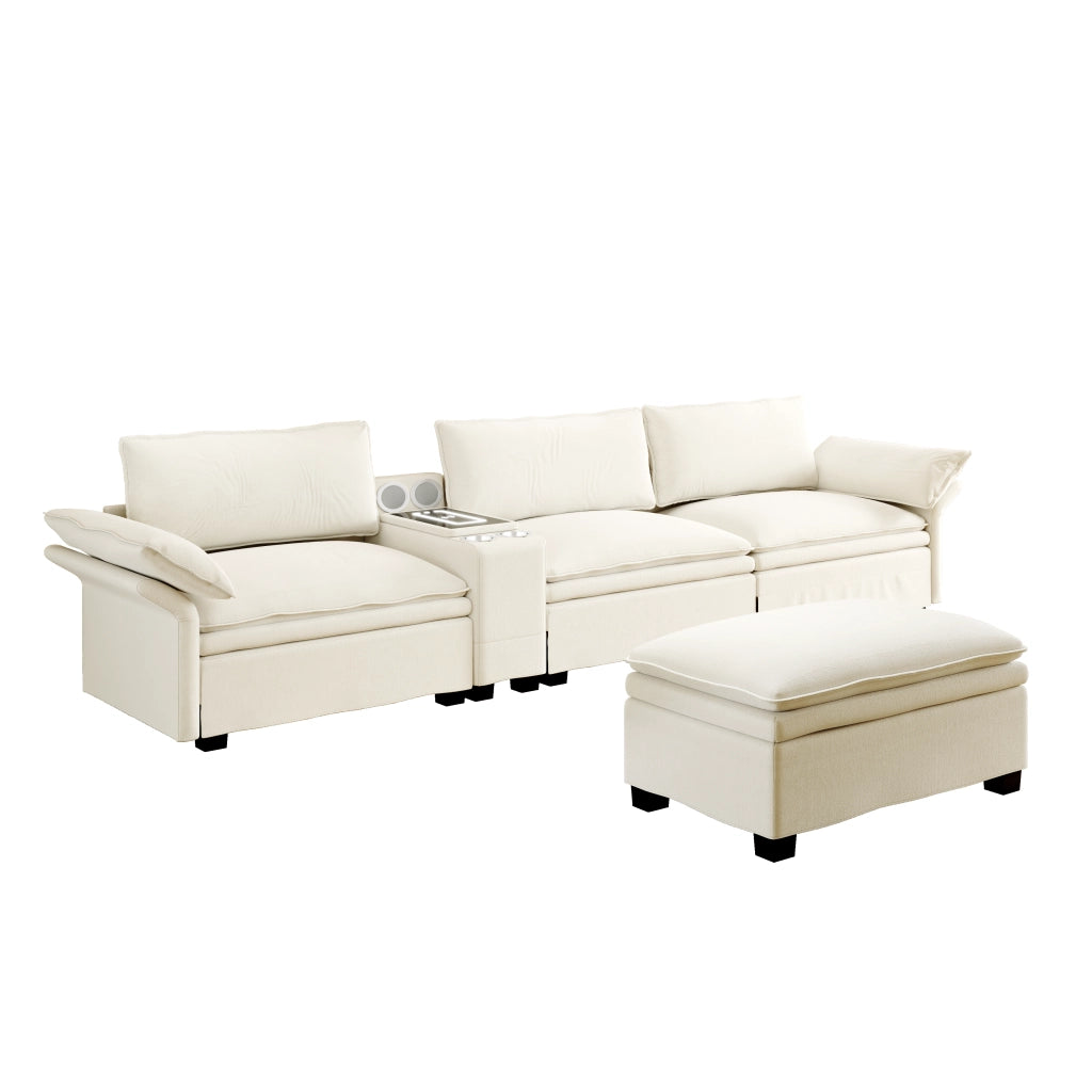 Divano modulare 4 posti con ricarica wireless, altoparlanti Bluetooth, luce, portabicchieri, ciniglia Beige/Bianco