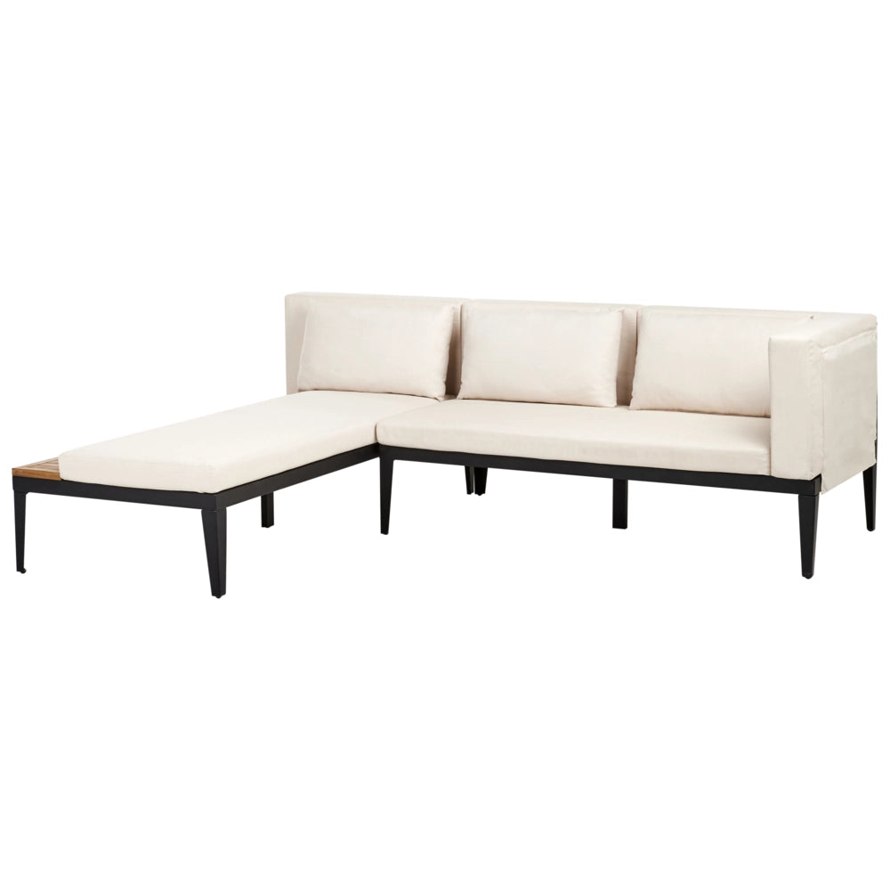 Set di divani angolari da giardino a 3 posti a destra Legno di acacia chiaro certificato Cuscini beige chiaro con tavolino da caffè