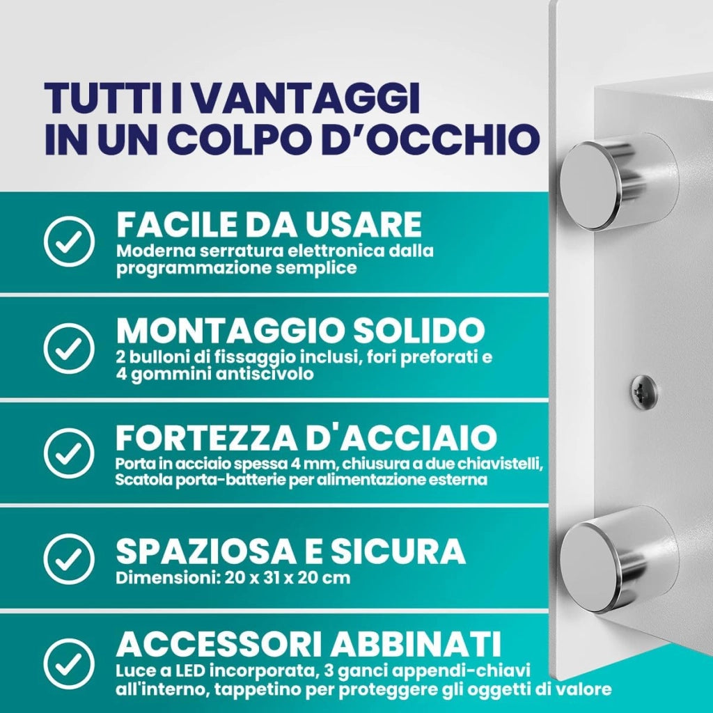 Cassaforte Elettronica con Combinazione 31x20x20cm LED Doppio Bullone in Acciaio Cassetta Sicurezza Argento