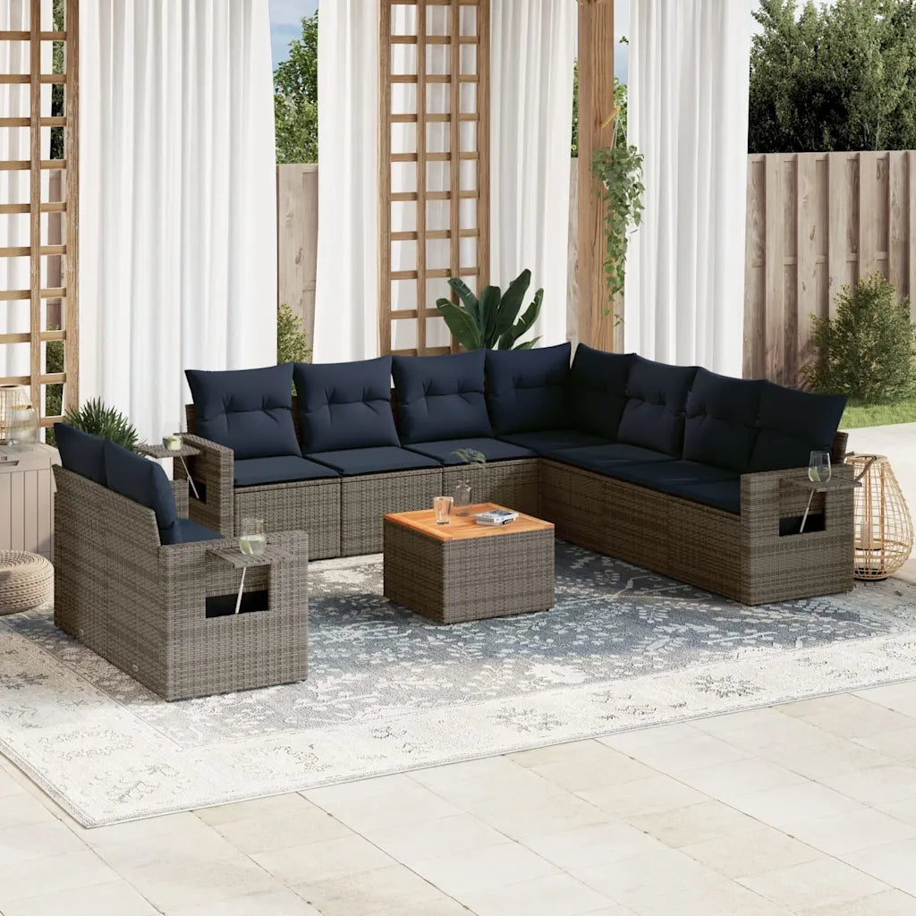 Set Divani da Giardino 10 pz con Cuscini Grigio in Polyrattan 3224633