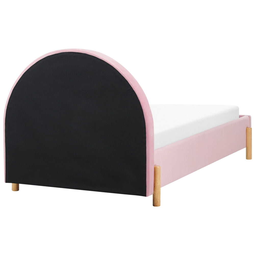 Letto con Contenitore in tessuto bouclè rosa, Misura Singola 90 x 200 cm Design Minimalista Retro con Testiera a Mezza Luna