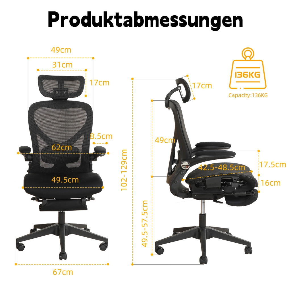 Chaise de bureau ergonomica pieghevole in mesh con poggiatesta 3d e supporto lombare regolabile nero