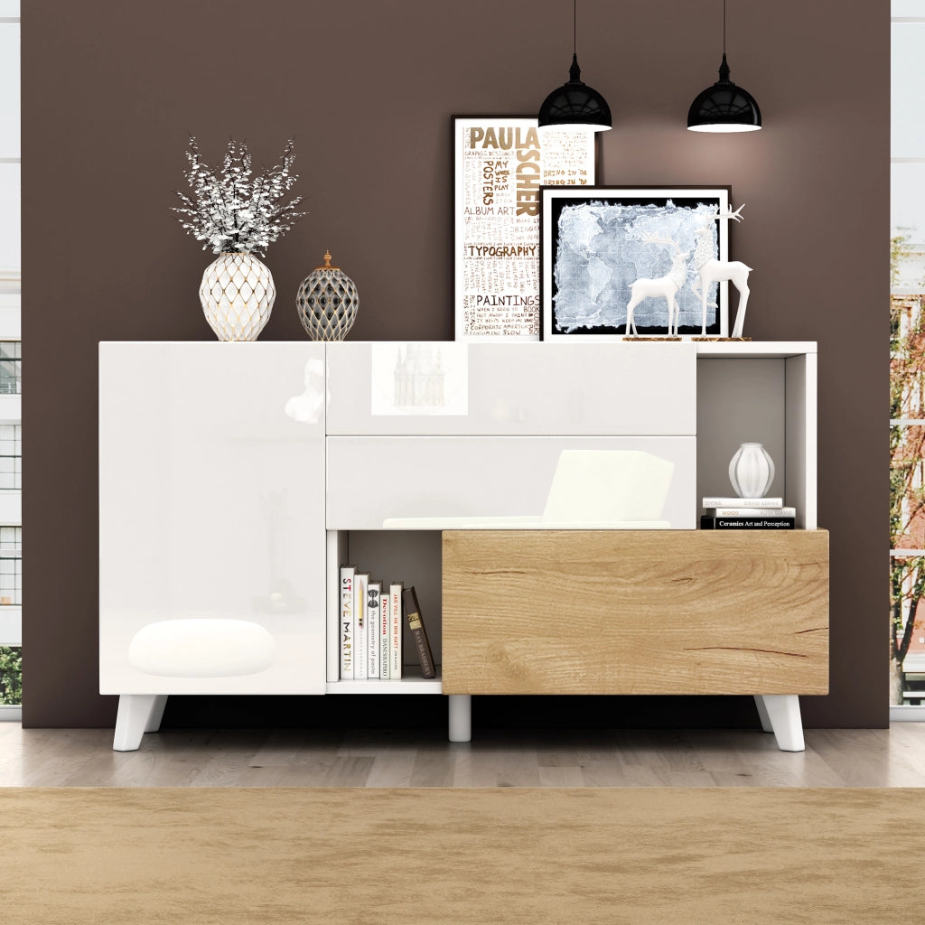 Credenza con 2 ante; 2 cassetti e ripiano regolabile per soggiorno 130x40x70 cm bianco rovere chiaro