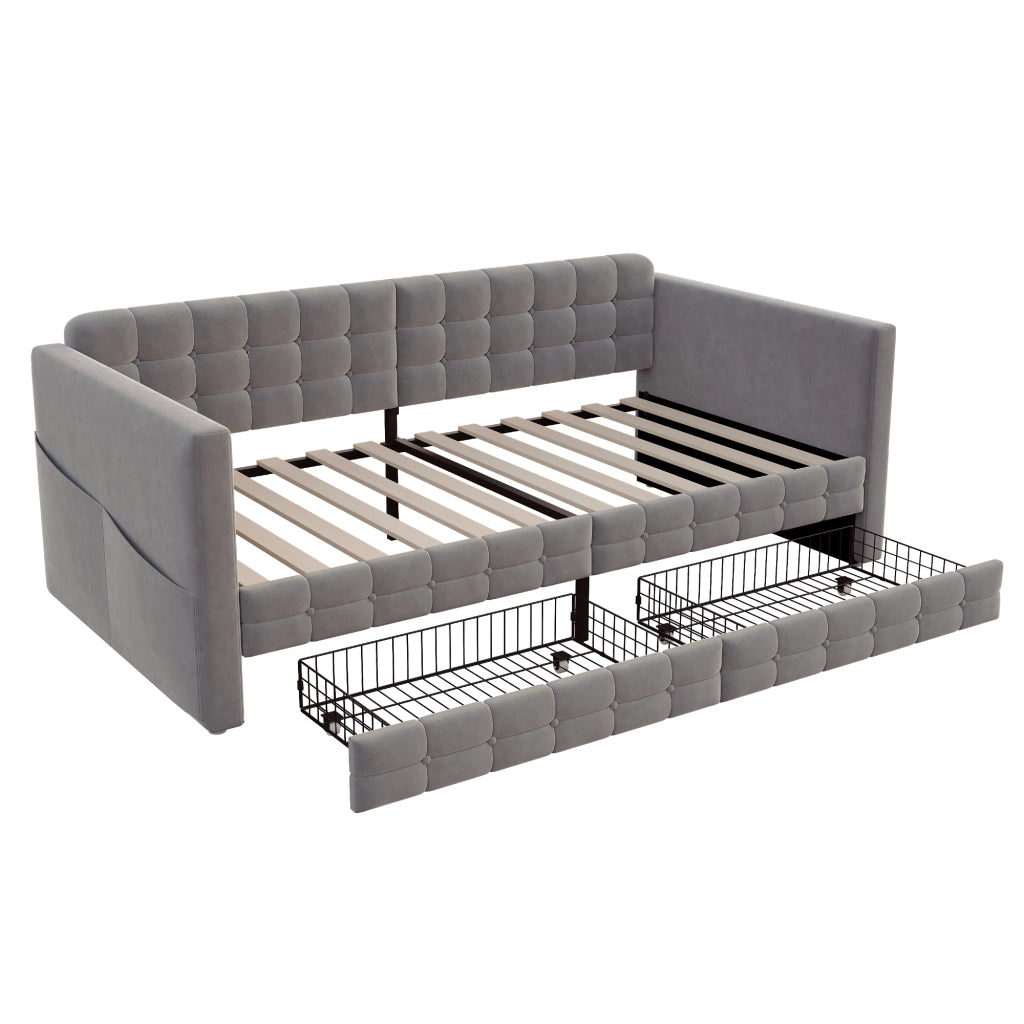 Letto imbottito 90x190 cm grigio con contenitore, tasche laterali, 2 cassetti e rete a doghe