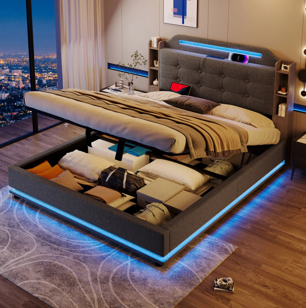 Letto matrimoniale imbottito 140x200 cm in lino grigio con LED; contenitore; USB e Type-C