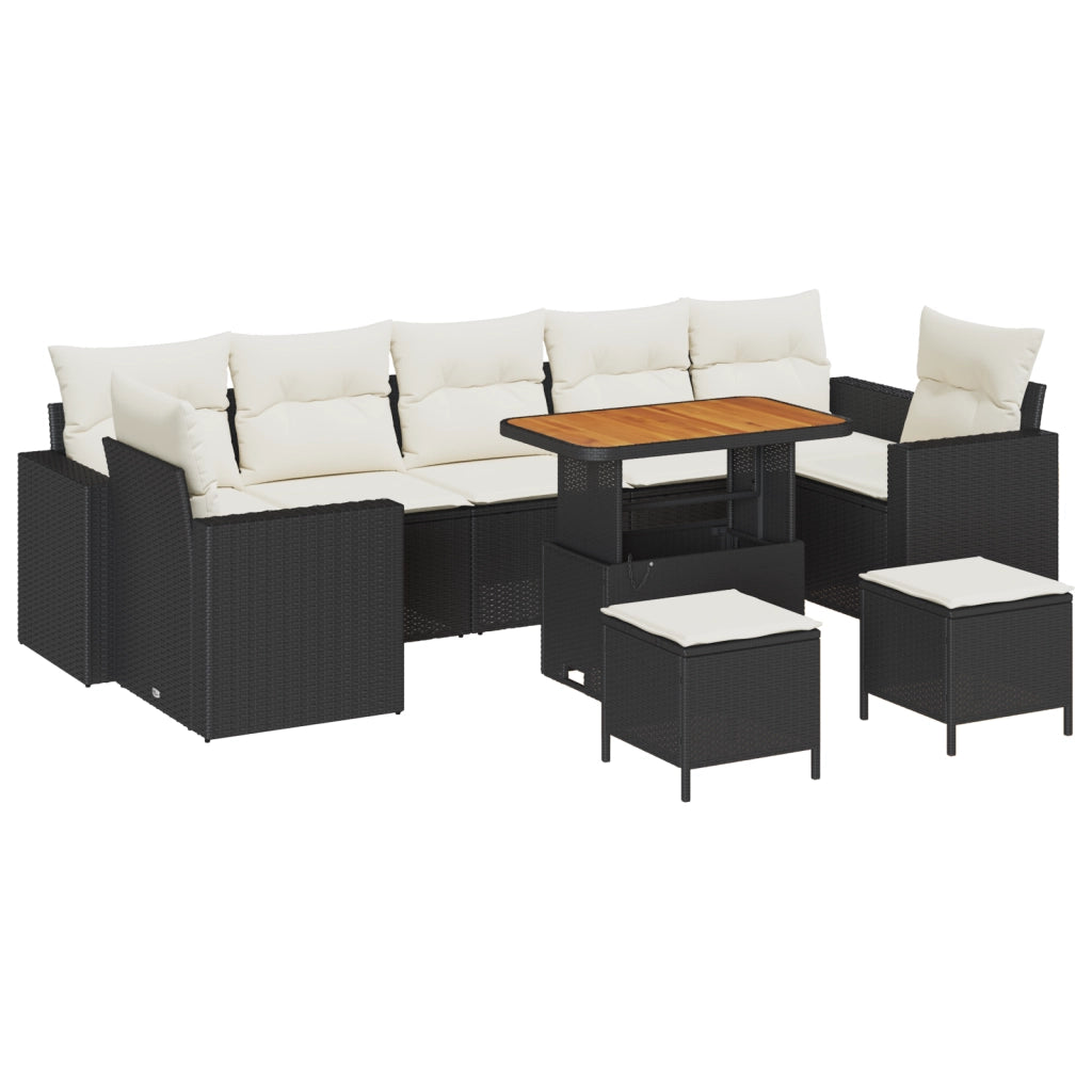 Set di Divani da Giardino da 10 Pezzi con Cuscini Nero Rattan Sintetico Acacia