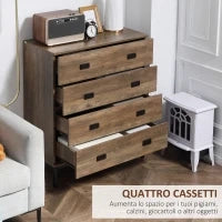 Cassettiera 4 Cassetti in Truciolato e Metallo per Soggiorno e Camera da Letto, 80x39x95 cm, Marrone
