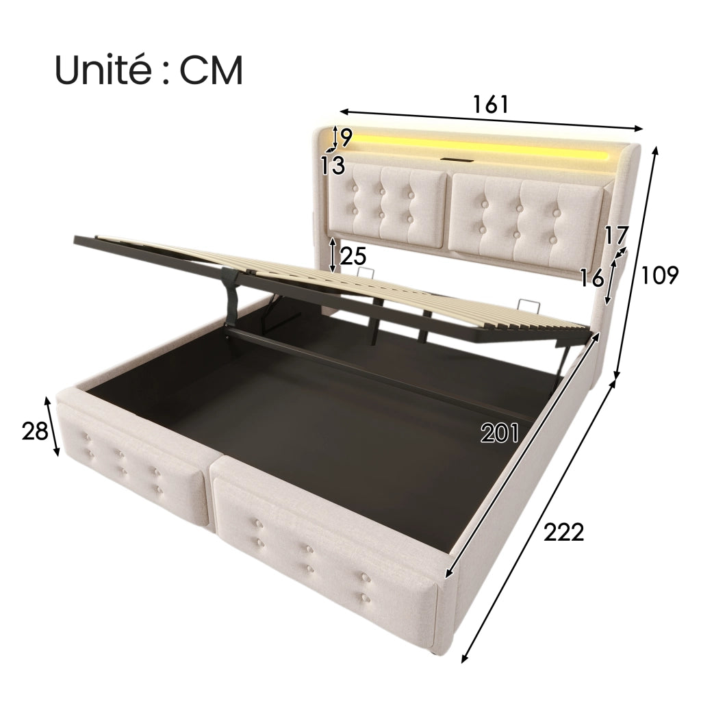 OKWISH Letto Contenitore 160×200 cm, Letto Matrimoniale con LED Regolabile, USB, Tipo C e Prese, senza Materasso, in Tessuto Cotone Lino, Beige