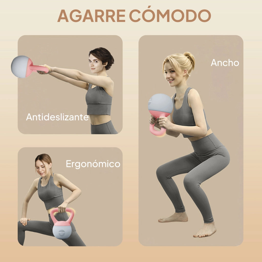 Kettlebell 4 kg ¨C Xylo ¨C Riempimento Sabbia Metallica Impugnatura Antiscivolo Rosa Grigio