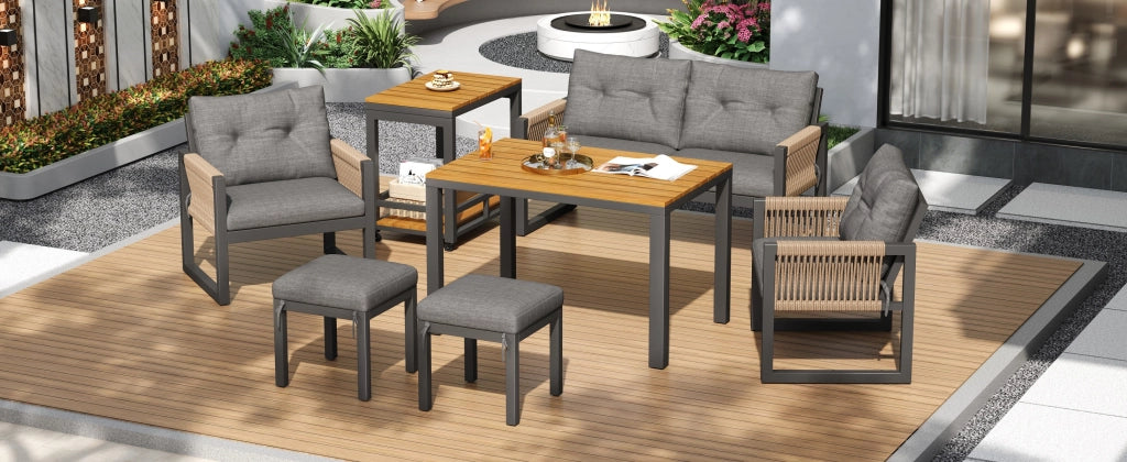 Set Divanooi esterni lounge: struttura ferro; braccioli intrecciati; cuscini seduta inclusi + tavolo