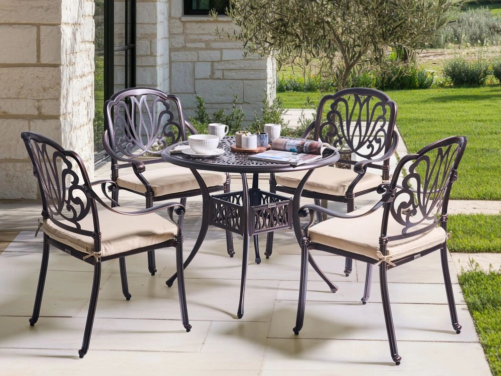 Set da pranzo da giardino Tavolo da esterno in alluminio marrone 4 sedie Cuscino per sedile in poliestere