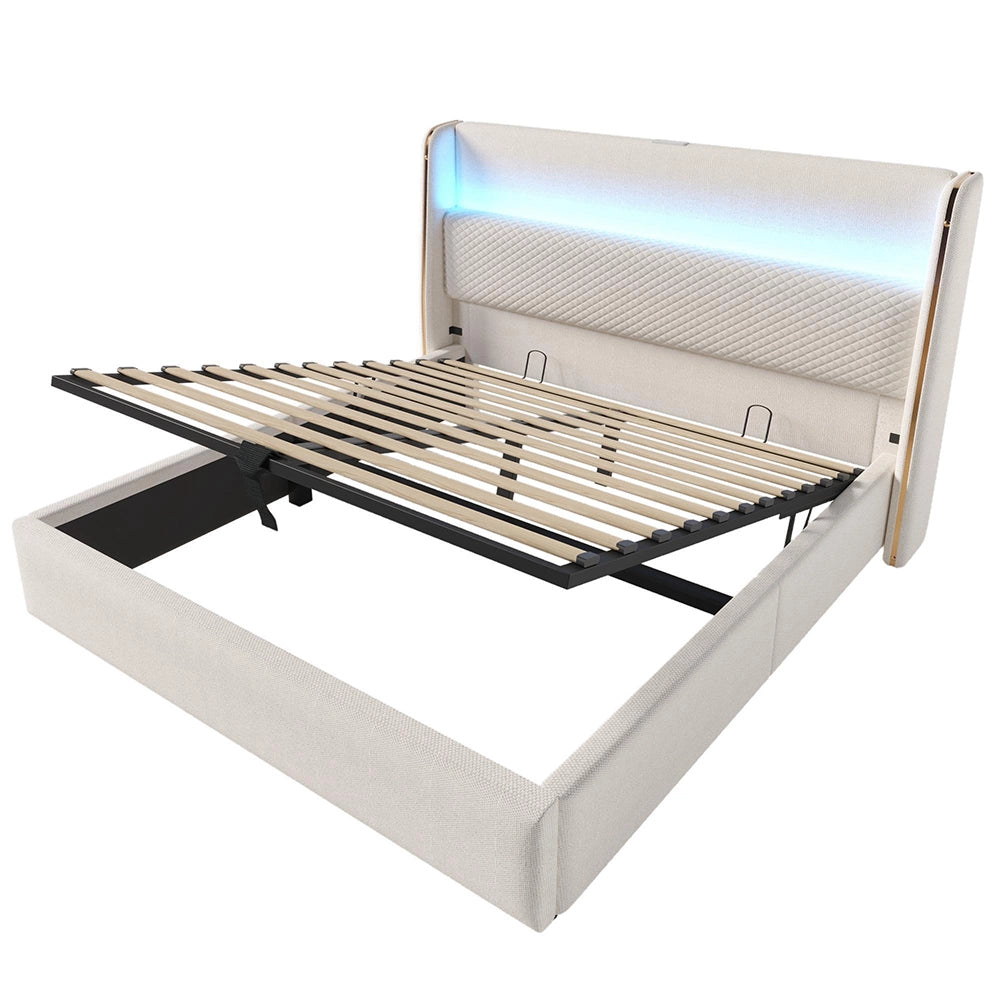 Letto Matrimoniale Moderno 140x200cm - Xylo - Testiera Alta Idraulica LED e USB, Tessuto Lino Beige