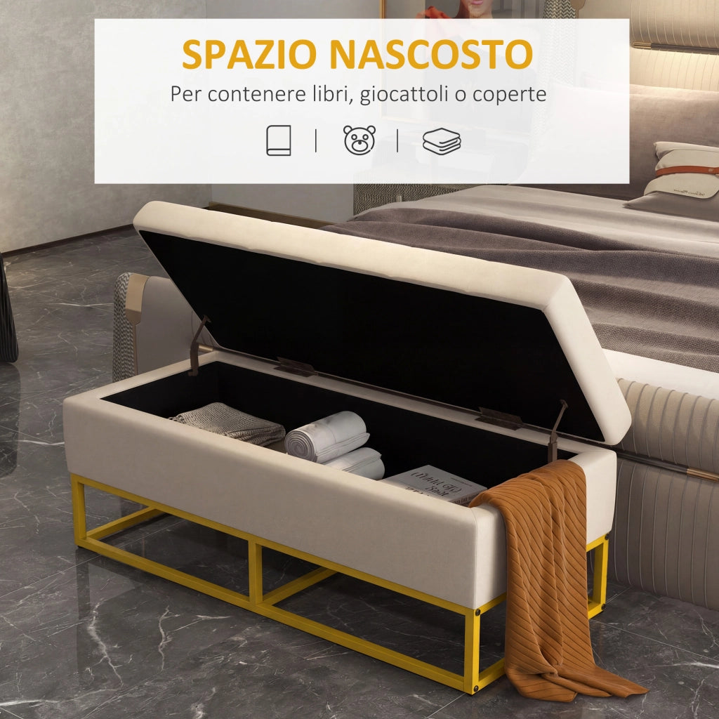 Panca Contenitore Rettangolare con Seduta Imbottita e Gambe in Acciaio. 110x44x49 cm. Beige