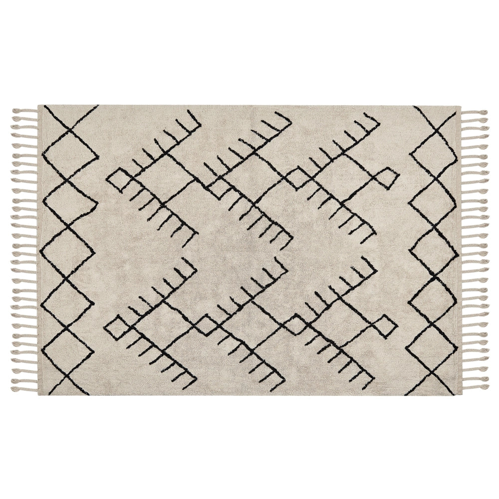 Tappeto beige e nero in cotone 140 x 200 cm rettangolare con nappe motivo geometrico stile boho per soggiorno camera da letto