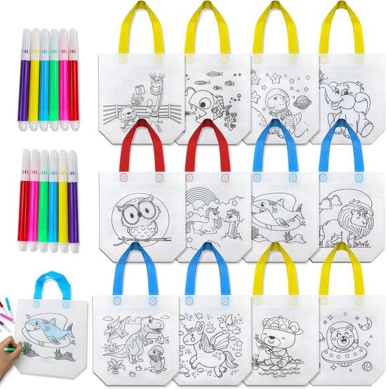 Set di sacchetti per bambini per disegnare - 12 pezzi - graffiti DIY - non tessuti - pennarelli colorati - attività creativa con bambini - attività di festa - idea regalo