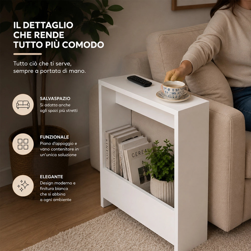 Tavolino Laterale Divano Bianco Tavolo Salvaspazio Multifunzione 55x20x60cm