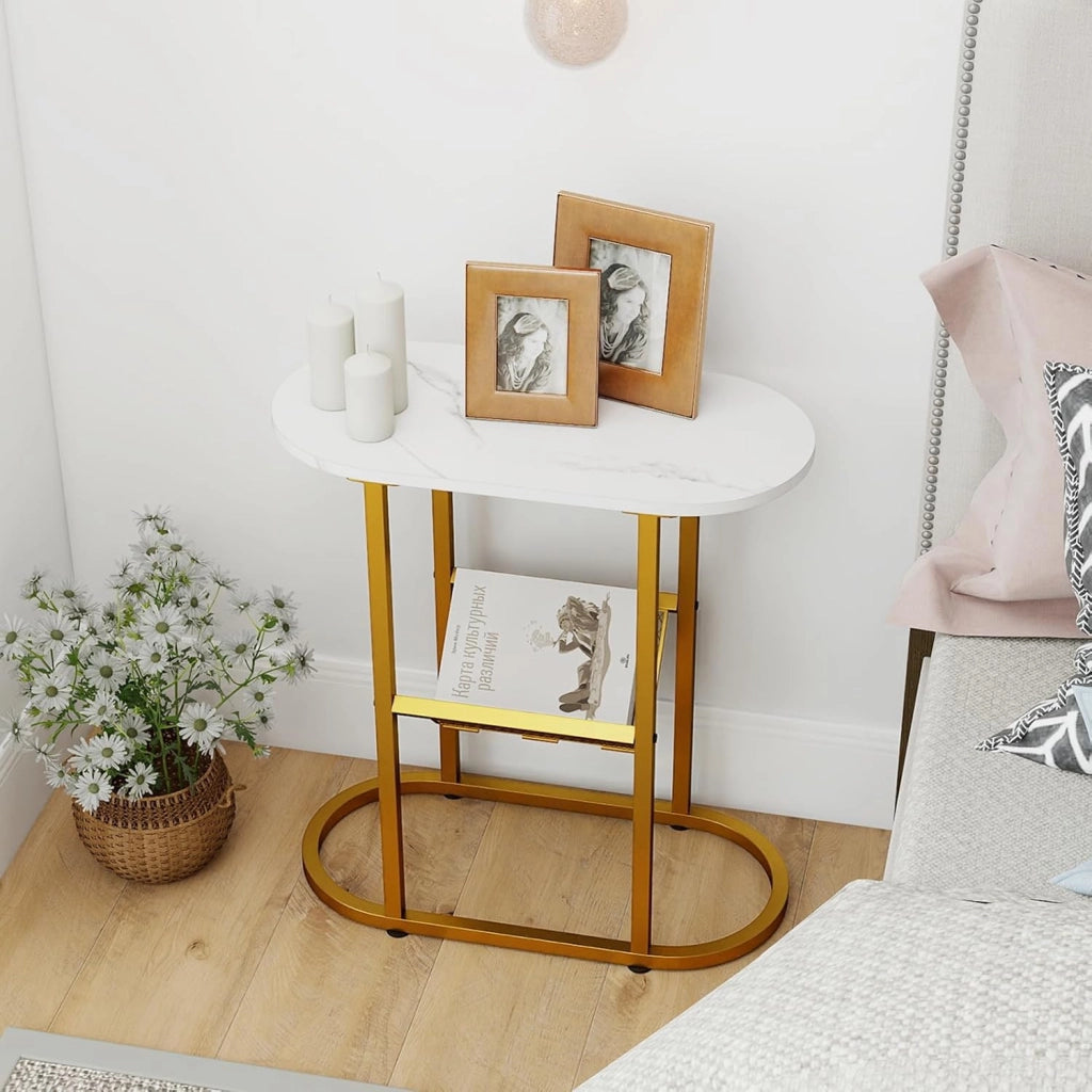 Tavolino con 2 ripiani, comodino piccolo con ripiano, struttura in metallo, 60 x 28,5 x 64 cm, tavolino laterale compatto per soggiorno e camera da letto (bianco)