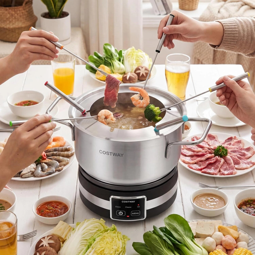 COSTWAY 1200W Set Fonduta Elettrica, in Acciaio Inox con Pentola da 2,3L, Base Riscaldante, 6 Forchette, per Formaggio Cioccolato, Temperatura Regolabile e Protezione dal Surriscaldamento