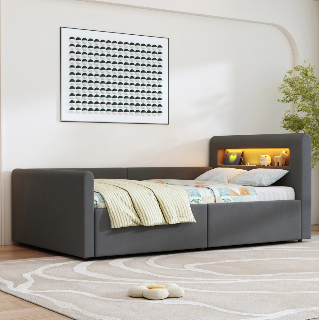 Letto singolo imbottito 90x200 cm con LED, USB e contenitore