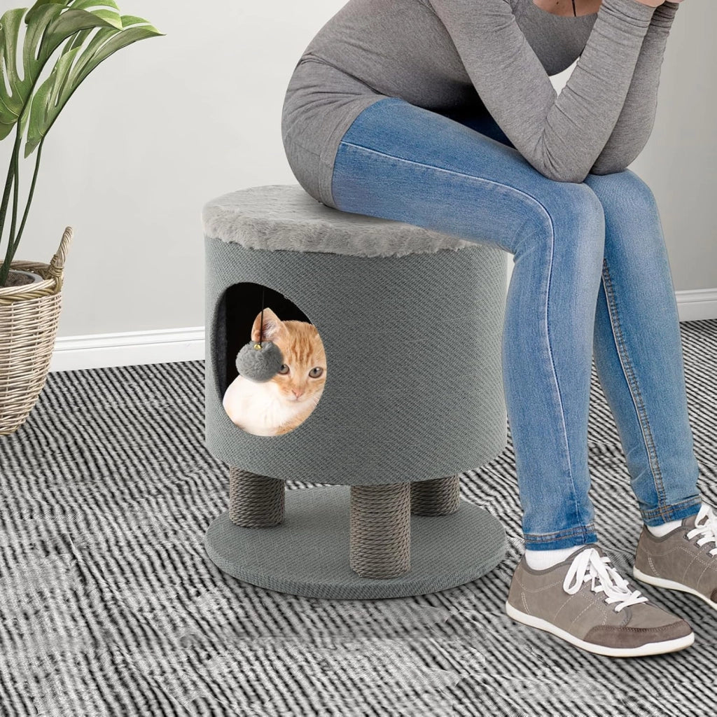 Casetta per Animali Domestici, Cuccia per Gatti con Pali Tiragraffi e Pallina di Peluche, Mobile Multiuso 3-IN-1 per Gatti Piccoli e Medi (Grigio)