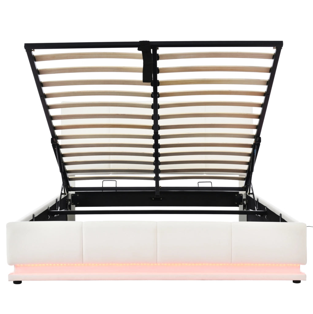 Letto imbottito 160x200 cm con LED e contenitore in similpelle bianco