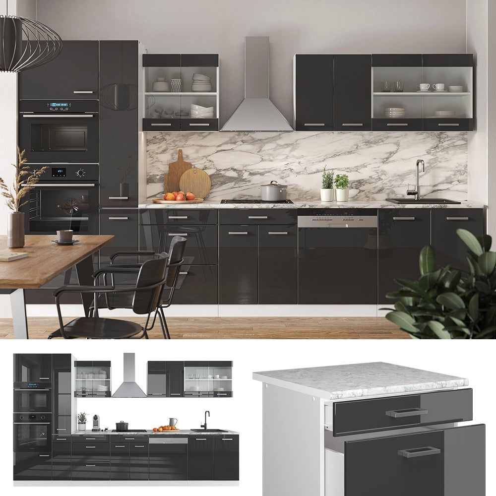 Mobile da cucina R-Line Antracite lucido/Bianco 350 cm con armadio alto, PL Antracite Vicco