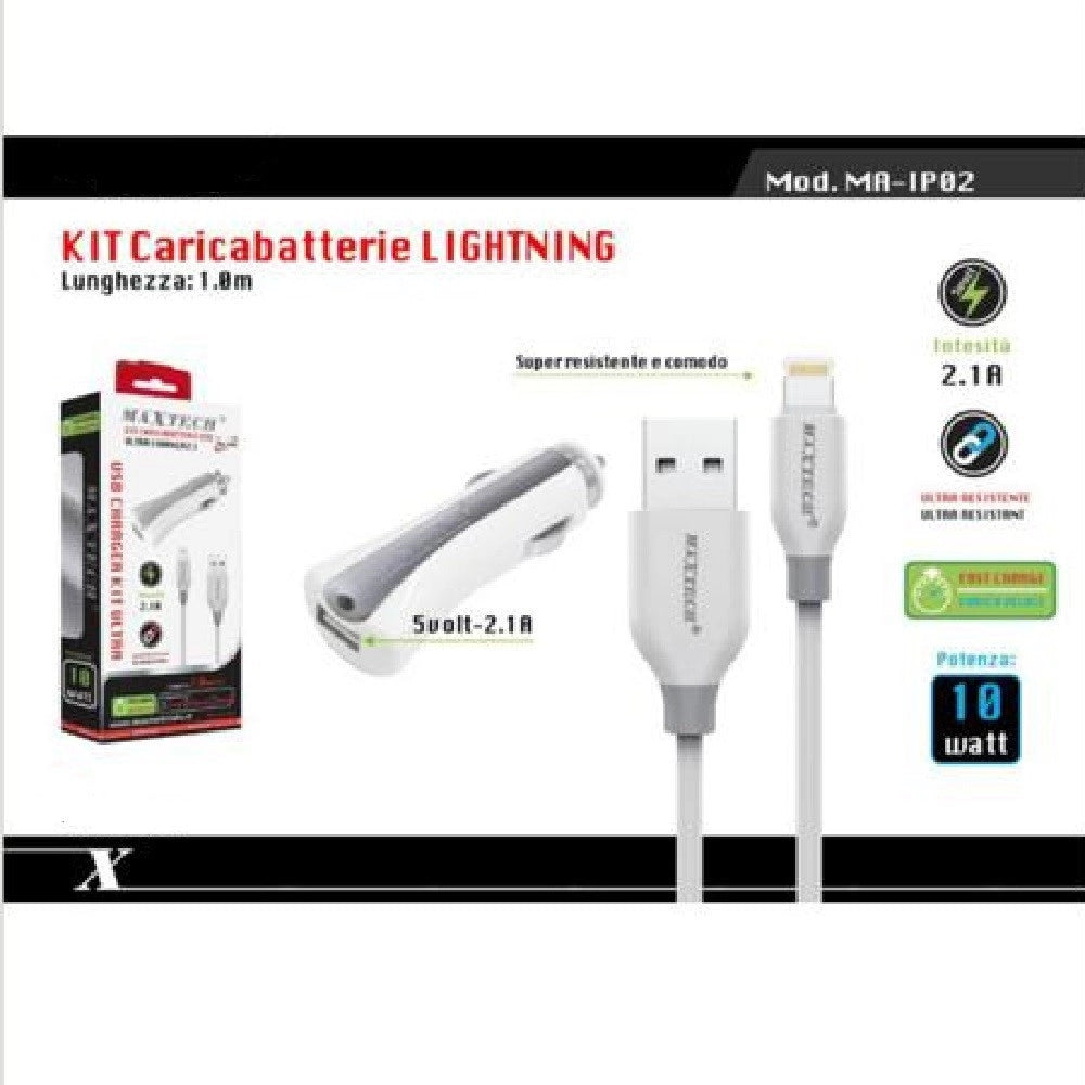 Trade Shop - Set Caricatore Caricabatterie Ricarica Auto Cavo Dati Lightning 1mt Ma-ip02 Maxtech -