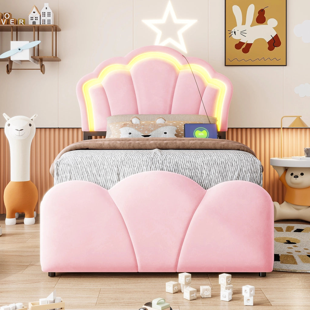 LETTO imbottito 90x200 cm in velluto rosa con LED, prese e contenitore idraulico