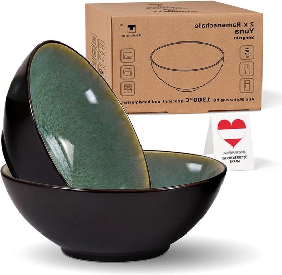 Set di Piatti in Ceramica per Ramen - 20cm - 900-1000ml - Piatto per Zuppe e Insalate - Piatto per Pho - Piatto per Ramen e Noodles - Qualità A-B - Piccoli difetti di smaltatura - Verde