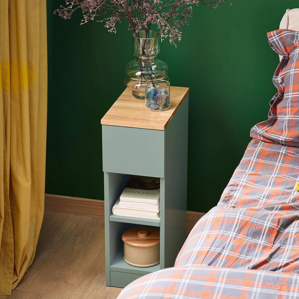 Comodino camera da letto Stretto, comodino con cassetto e 2 ripiano, comodini per camera da letto e soggiorno, Tavolino da letto Verde L20 x P35 x A61 cm FBT111-GR