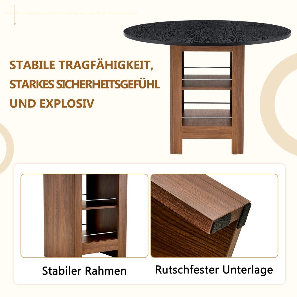 Tavolo da pranzo rotondo con vani contenitore in MDF nero effetto noce, diametro 100 cm, altezza 76 cm