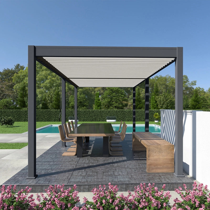 Pergola bioclimatica Ombréa autoportante VS - 3x6M bicolore + 2 tende anthracite