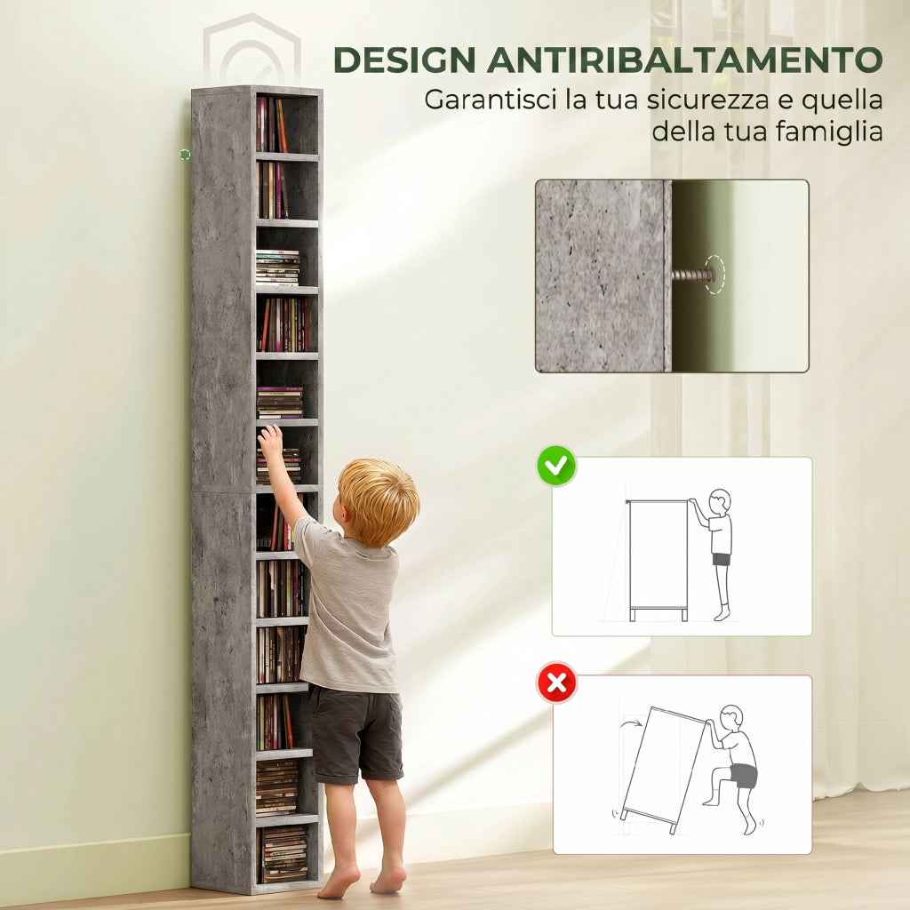 Mobile Libreria Porta CD 21x20x175 cm a 12 Ripiani per 204 CD in MDF e Truciolato Grigio