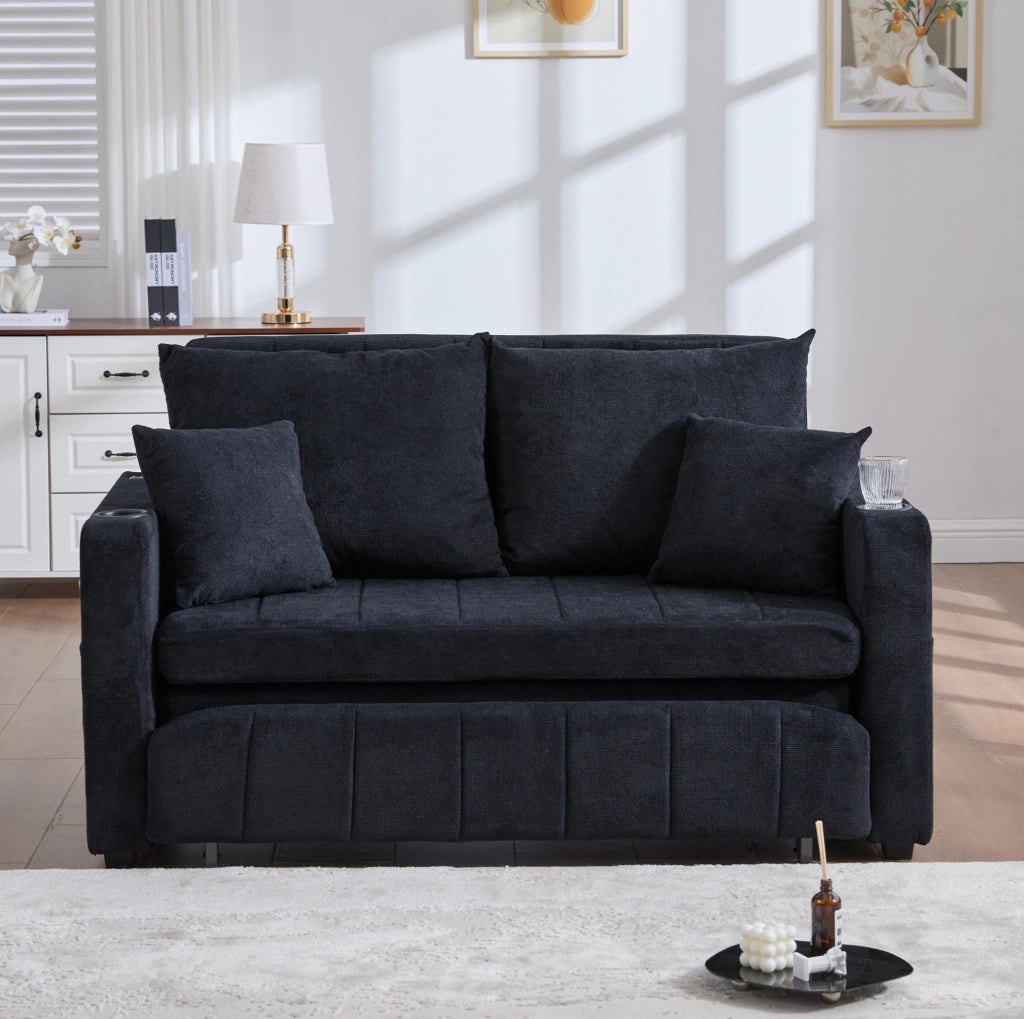 Divano letto 139x83x58 cm in ciniglia nera con USB e portabicchieri