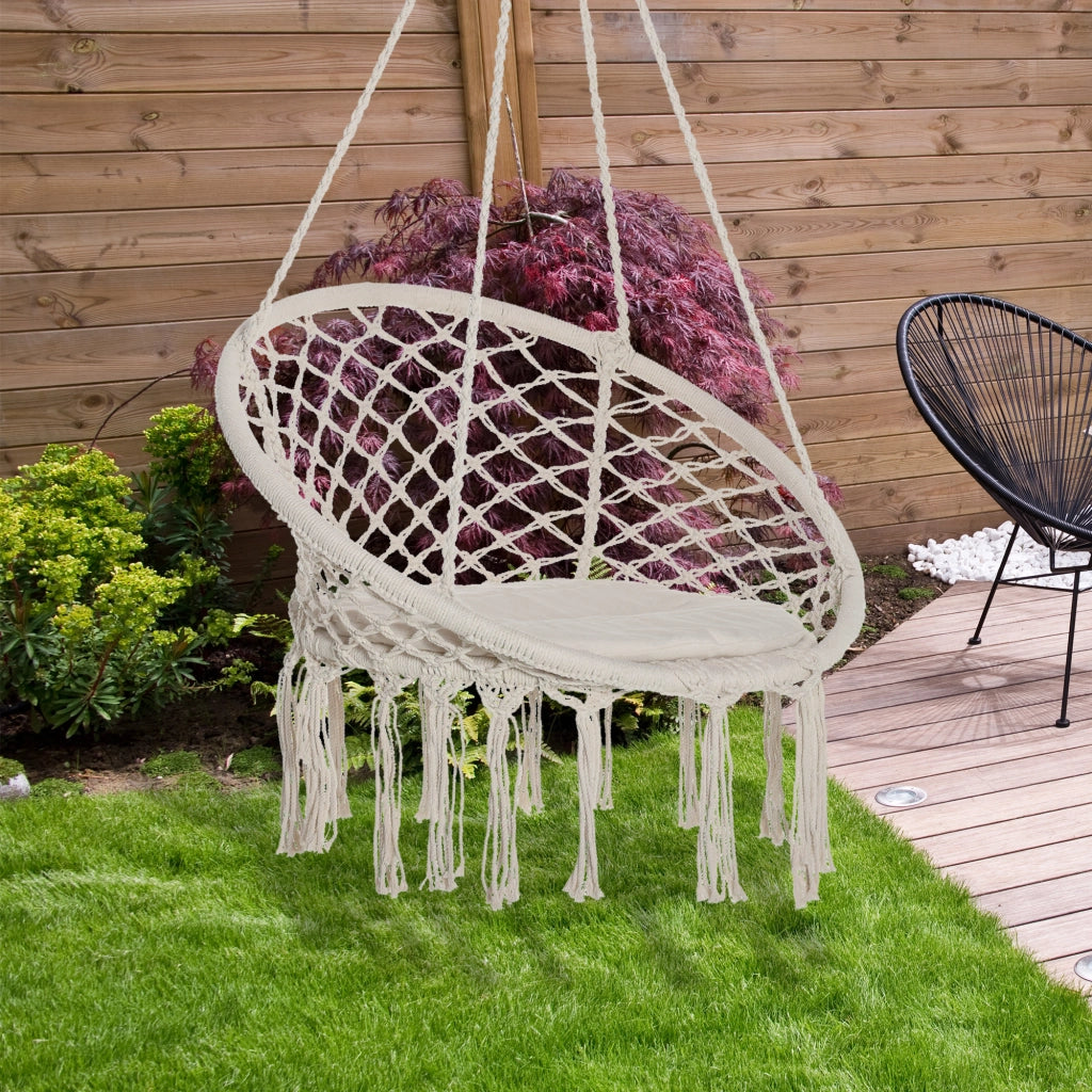 Sedia sospesa rotonda ¨C zephmum ¨C ?60 cm, corda di cotone, cuscino, 80x80x42 cm, beige