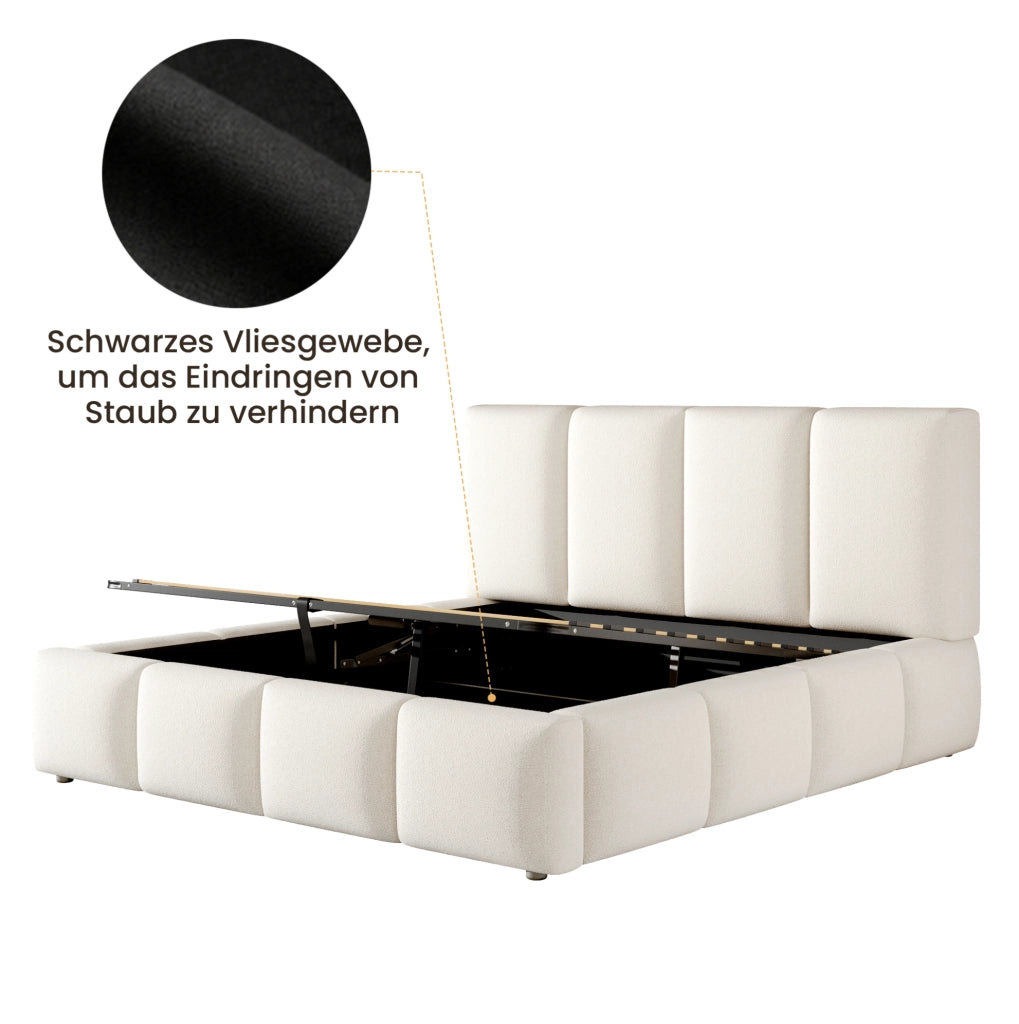 Letto matrimoniale 180x200 cm con contenitore idraulico e rete a doghe; bouclé bianco