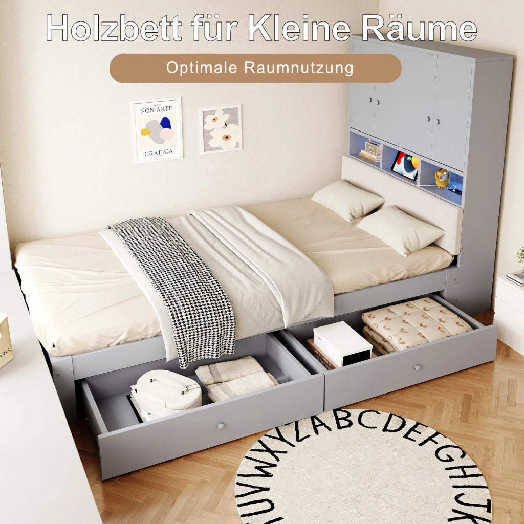Letto singolo per bambini 90x200 cm con testiera imbottita; vani; LED; presa elettrica; cassetto e rete; legno grigio