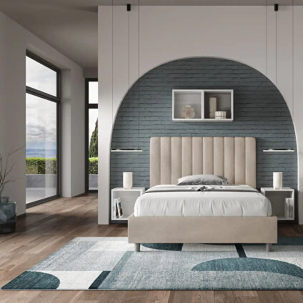 Letto una piazza e mezza contenitore imbottito 120x200 microfibra sabbia Agueda
