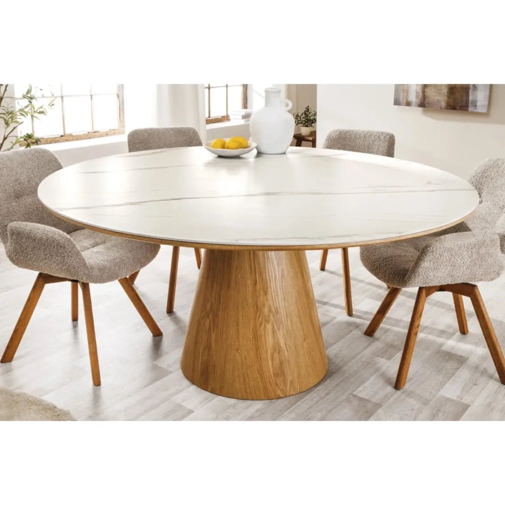 Tavolo da pranzo LUMEA – Rotondo 120 cm – Piano in ceramica effetto marmo bianco e piede in noce – Stile contemporaneo